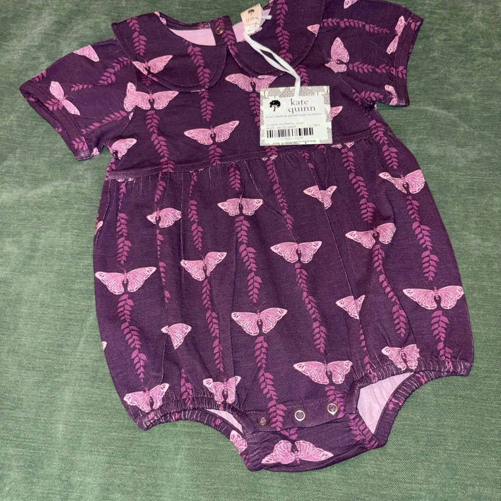 Kate Quinn purple Romper with Butterfly Vine Design